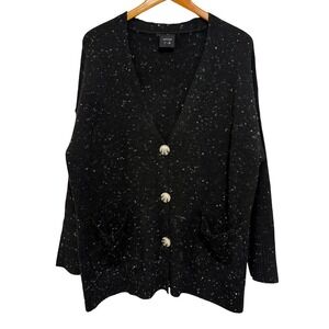 Lefties Women Cardigan L Black Speckled Oversized V-Neck Knit Dark Academia